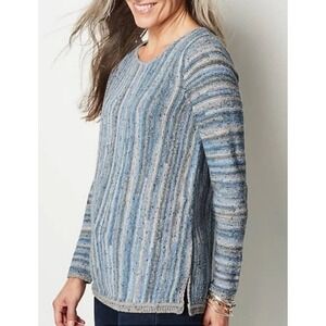 J Jill Linear Striped Sweater L Blue Textured Pullover Chunky Coastal Grandma